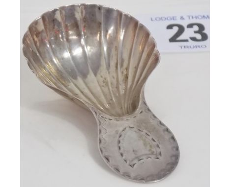 George III silver caddy spoon with scallop shell bowl and bright cut handle, maker G? W?, London 1787.  