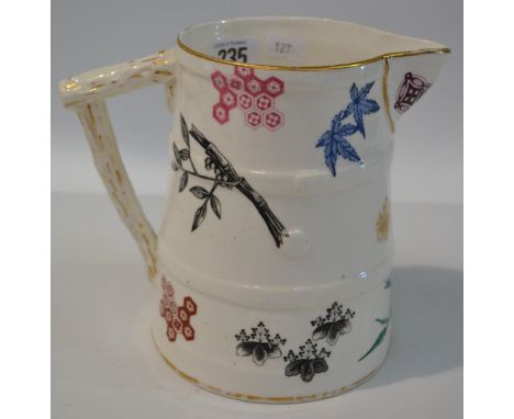 Victorian Royal Worcester Jug, modelled as a coopered ewer and with a twig handle, printed with Japanese motifs, underglazed 