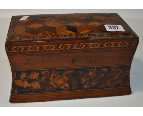 Victorian Tunbridge Ware  tea caddy of rectangular waisted form, the slightly domed parquetry lid with a mosaic geometric bor