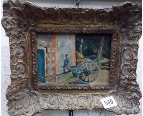 EARLY 20th CENTURY SCHOOL. Boy sat on a cart, Oil on panel sketch. 4.25' x 6.5'