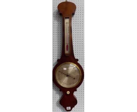 Mahogany onion top banjo aneroid barometer thermometer, the silvered dial signed J. Import London, height 35.5'.