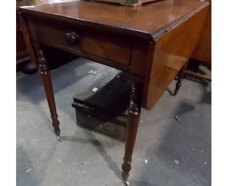 Victorian mahogany Pembroke table with frieze drawer and opposing dummy drawer, upon ring turned legs, width 37.5'.