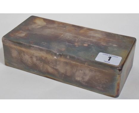 Britannia standard silver rectangular cigarette box with engine turned decoration, the interior with brown Bakelite, monogram