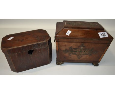 Regency brass inlaid rosewood tea chest, the hinge lid containing two lidded compartments, side carrying handles and on four 