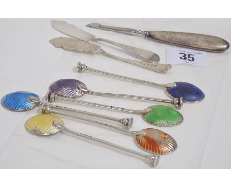 Set of 6 silver guilloche enamel demi-tasse spoons, Birmingham 1948 (enamel af);  together with 2 Scottish silver butter kniv