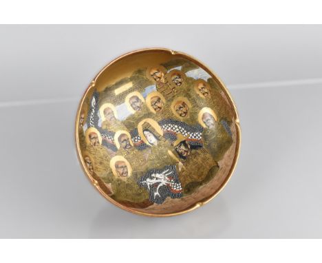 A Japanese Satsuma Bowl Painted in Polychrome Enamels Detailing Deities and Dragon on Gilt Ground with White Enamel Jewelling