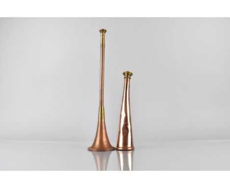 Two Early 20th Century Copper and Brass Hunting Horns, The Smaller Example of Slight Curved and Flared Cylindrical Form and t