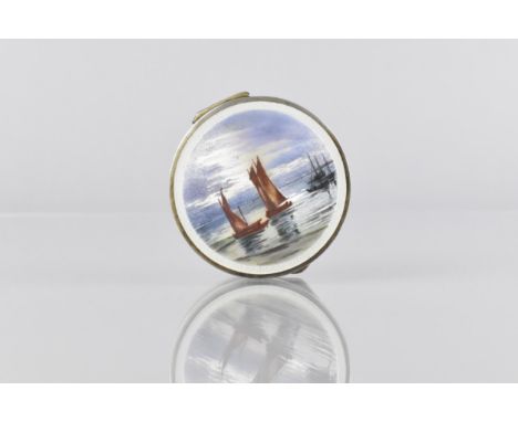 A Silver and Painted Guilloche Enamel Powder Compact of Circular form Decorated with Harbour Scene Detailing Fishing Barges, 