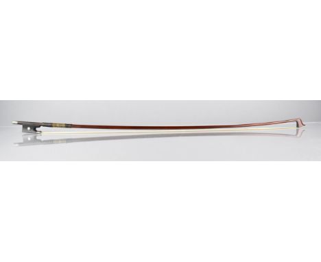 A 19th Century German Violin Bow, The Octagonal Body with White Metal Adjusters Ebony and Mother of Pearl Frog with Ivory Tip