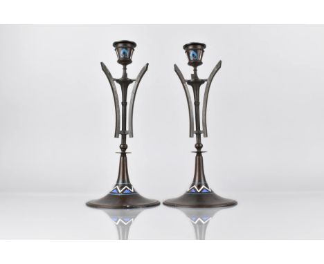 A Pair of 19th Century French Bronze and Enamel Candlesticks, Having Tri Stylised Supports on Circular Base, 28cm High 