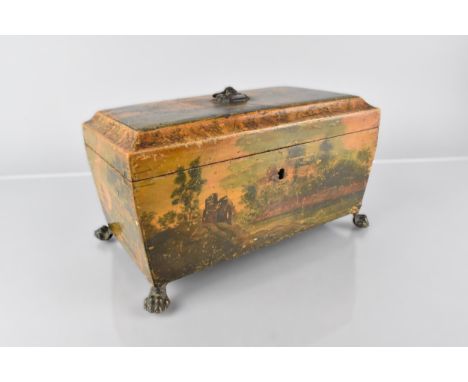 A 19th Century Regency Painted Sycamore Tea Caddy of Sarcophagus Form Decorated Exterior Castle Scene with Grape and Vine Fri