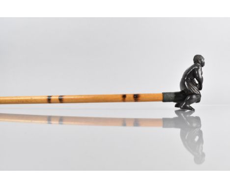 A Danish Himmelbjerget Souvenir Walking Stick with Horn Handle in the From of Man Playing Drums 