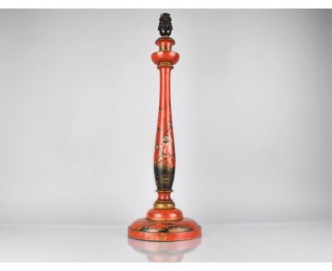 An Early 20th Century Chinoiserie Red Lacquered Table Lamp with Baluster Column on Tapering Domed Foot Decorated with Orienta