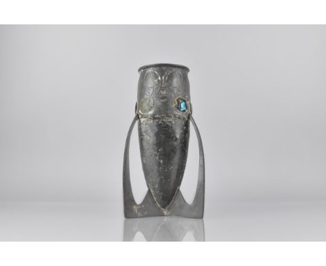 Archibald Knox (1864-1933) for Liberty and Co., Tudric Pewter and Enamel Vase of Rocket Form with Tri Buttress Supports, the 