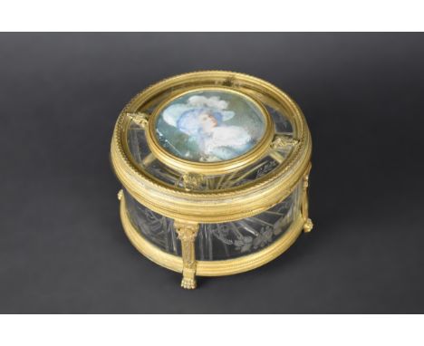 A 19th Century French Louise XVI Style Gilt Metal and Glass Casket, The Hinged Lid with Mounted Portrait Miniature on Ivory o