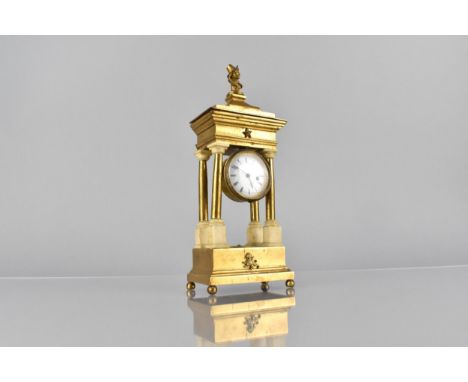 A 19th Century French Second Empire Gilt Brass Four Pillar Mantle Clock of Architectural Form Having Bust Finial on Tapering 