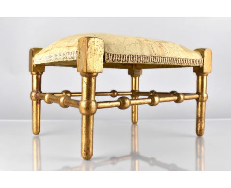 A 19th Century French Regency Giltwood Stool with Bobbin Turned Stretchers, 31x25x22cm High 