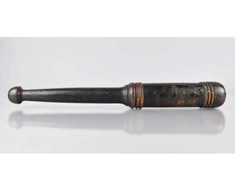 A Victorian Truncheon with Polychrome Painted Decoration on Black Ground, 38cm Long 