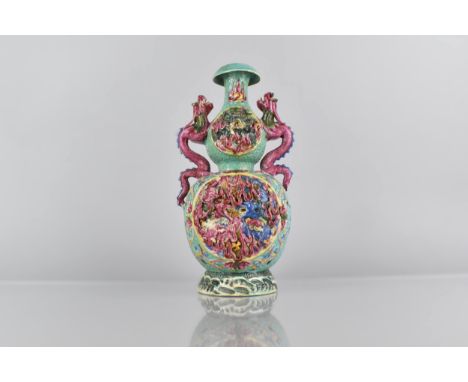 A Chinese Turquoise Ground Double Gourd Vase Decorated in Fahua Manner with Pink, Blue and Yellow Enamels with Twin Dragon Ha