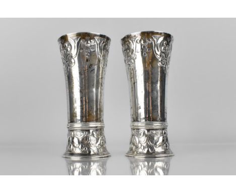 A Pair of Edward VII Silver Vases by Daniel and John Welby of Cylindrical Form with Flared Rims and Floral Scrolled Decoratio