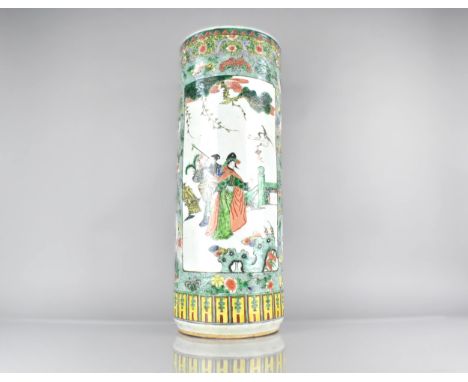 A Chinese Qing Dynasty Porcelain Stick Stand Decorated in the Famille Verte Palette with Exterior and Garden Figural Cartouch