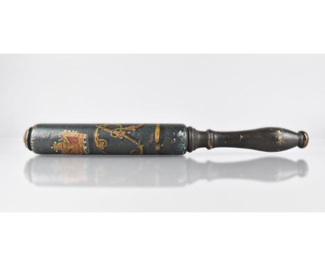 A Polychrome Painted Wooden Truncheon with VR Cypher and Crown on Green Ground with Black Painted Handle, 37cm 