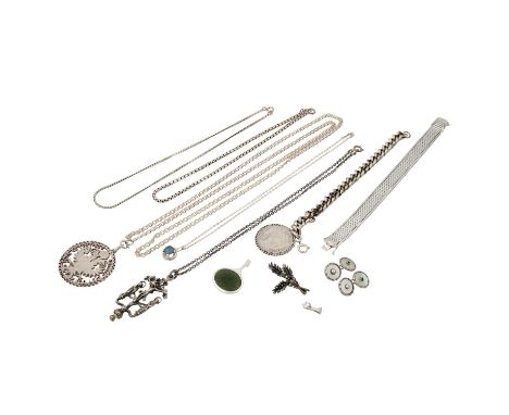 Schmuckkonvolut 11-teilig, Silber 186 g, Händlerkonvolut bestehend aus 2 Armbändern 19 cm, 1 Brosche, 2 Ketten 38/40 cm, 2 An