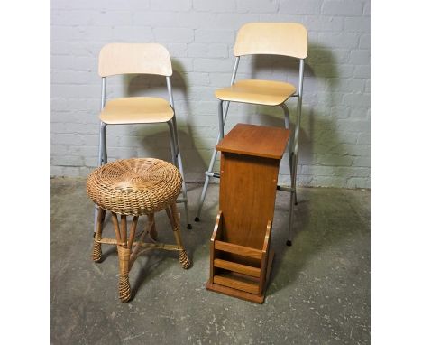 Two Modern Folding Chairs, With a Bed Tray and a Wicker Stool, (4)