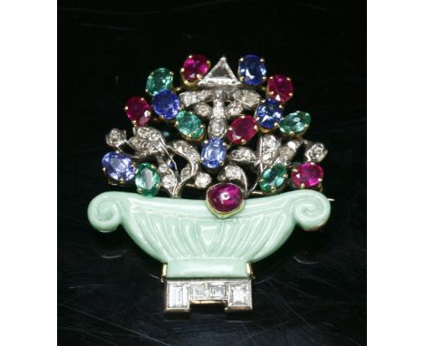 A tutti-frutti giardinetti brooch, with assorted oval mixed cut rubies, sapphires and emeralds, all four claw set in yellow c