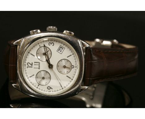 A gentlemen's stainless steel Dunhill quartz chronograph WR30m strap watch, c. 2010,a cushion-shaped case, 37 x 32mm.  A circ