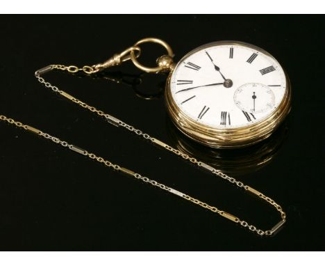 An 18ct gold key wound open-faced pocket watch, 47mm diameter, with a white enamel dial, black Arabic numerals and blued spad