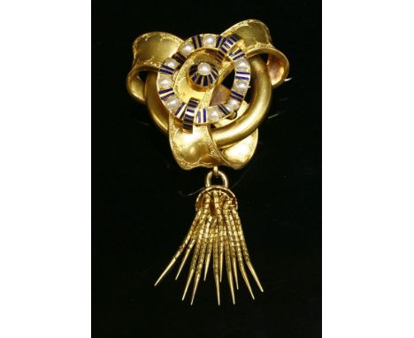A Victorian gold, split pearl and enamel tassel brooch, c.1860, of looped ribbon form to a tubular hoop and bloomed ground.  