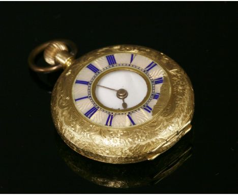 A gold Swiss enamel half hunter-style fob watch,34mm diameter, with a guilloché enamel chapter ring to the front cover.  Roya