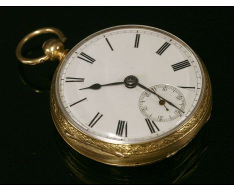 An 18ct gold key wound open-faced pocket watch,45mm diameter.  A white enamel dial, black Roman numerals with subsidiary seco
