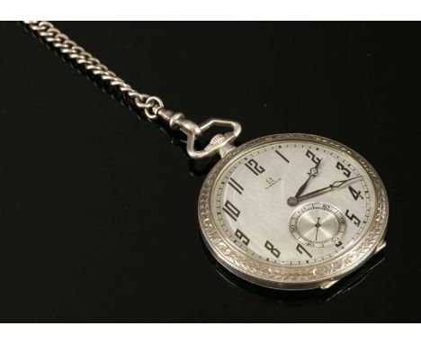 A Swiss silver Art Deco Omega mechanical open-faced pocket watch, c.1930,on a sterling silver watch chain.  The pocket watch,