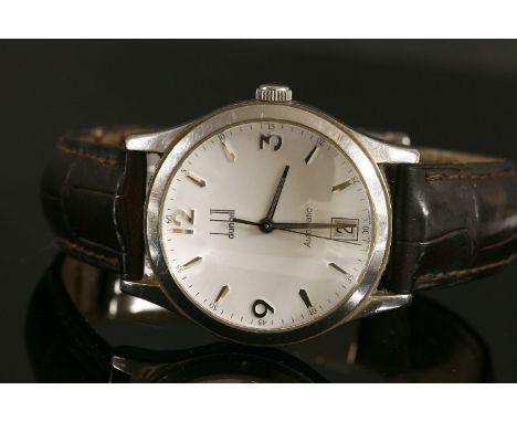 A gentlemen's stainless steel Dunhill Automatic strap watch,with skeleton back, the case 34mm diameter, with a circular white