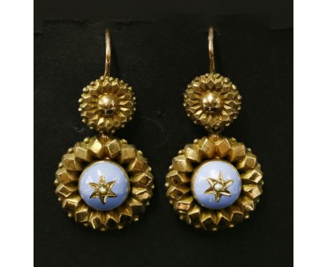 A pair of Victorian gold, split pearl and enamel flower head drop earrings, with a raised circular boss.  A split pearl star 