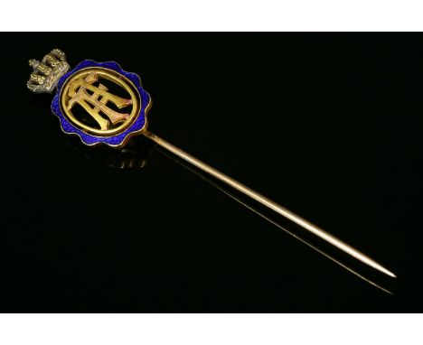 Of royal interest: a cased German enamel and diamond set stick pin,with the royal cypher 'A.F.' in pierced letters, to an ova