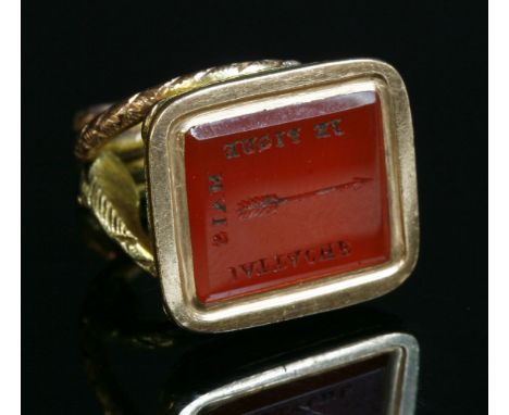 A Georgian three colour gold cornelian serpent or snake seal,with a rectangular matrix intaglio engraved with an arrow and th