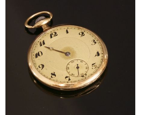 A Swiss open-faced gold pocket watch, c.1930,with an engine turned champagne dial, case 45mm.  Black Arabic numerals, one blu