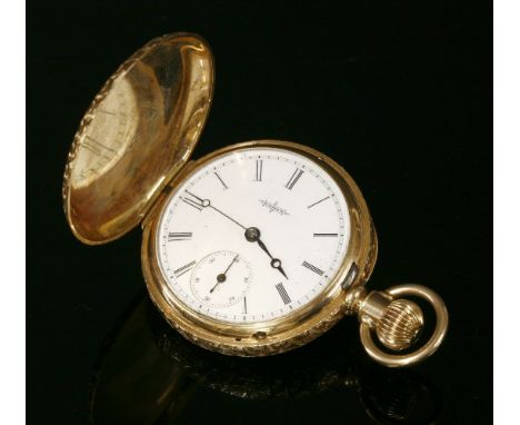 An American, Elgin mechanical side wind four colour gold hunter pocket watch, 39mm diameter, an engine turned case, the front