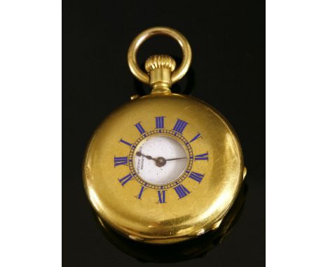 A Swiss gold mechanical half hunter fob watch, by Henry Capt Genève, 30mm diameter.  A French blue enamel Roman numeral chapt