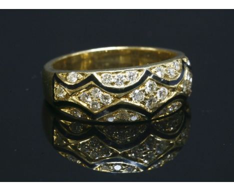 A diamond and enamel gold tapered band ring,with black champlevé scalloped lines with pavé set brilliant cut diamonds between