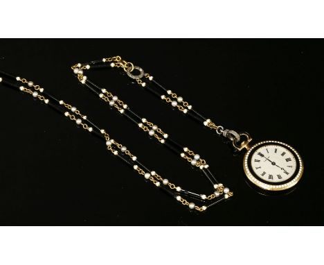 A cased Cartier Art Deco diamond, enamel and seed pearl set pendant watch, c.1915,with a circular case, 19mm diameter.  A sil