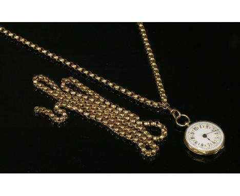A Swiss gold key wound fob watch, 38mm diameter, with a white enamel dial, black Arabic numerals, gilded scalloped decoration