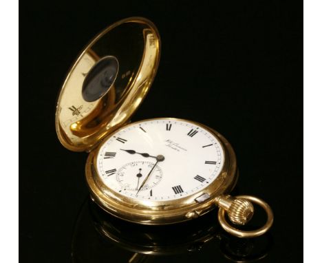 A cased 18ct gold half hunter pocket watch, by J W Benson, London, 50mm diameter.  Front cover with royal blue enamel Roman n