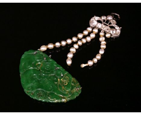 An Art Deco diamond, seed pearl and jade necklace section, c.1930,with a four row pierced plaque, milligrain set with old Eur