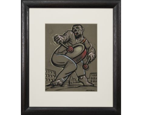 * PETER HOWSON OBE (SCOTTISH b. 1958), DRUMMER pastel on paper, signed image size 32cm x 24cm, overall size 55cm x 48cm Mount