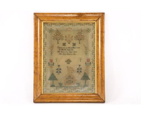 A 19th century sampler with pictorial detail, dated 1846, in a bird's eye maple frame, 40cm x 30cm