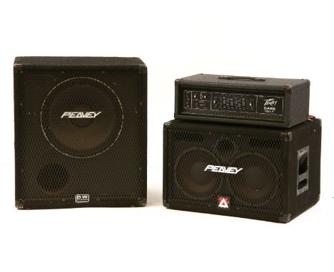 A Peavey MK III bass guitar amplifier head, together with a Peavey 2x10 speaker cabinet, and a 1x15 speaker cabinet